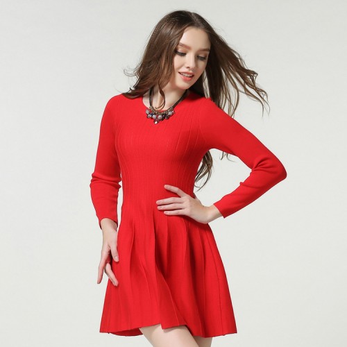 Spring and Summer Round Neck Long-Sleeved Knit Puffy Dress 