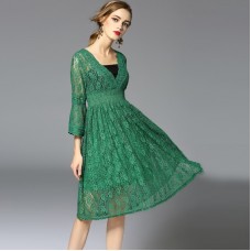 Green Slimming Embroidered Lace Trumpet Sleeves High-waisted Dress