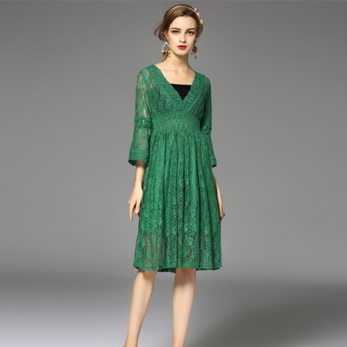 Green Slimming Embroidered Lace Trumpet Sleeves High-waisted Dress