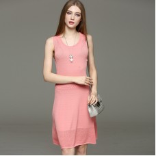 Summer New Women Knitted Openwork Embroideried Sleeveless Fitted Waist Pure Color Dress