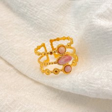 Vintage pink oval gemstone open ring, 18k gold beaded band.
