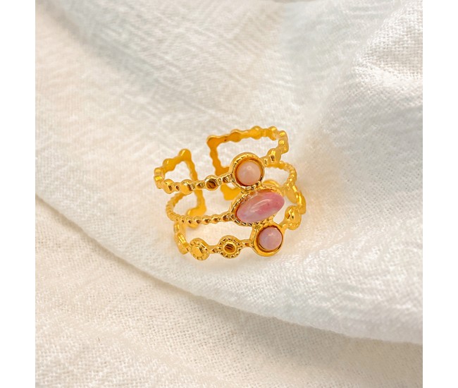 Vintage pink oval gemstone open ring, 18k gold beaded band.